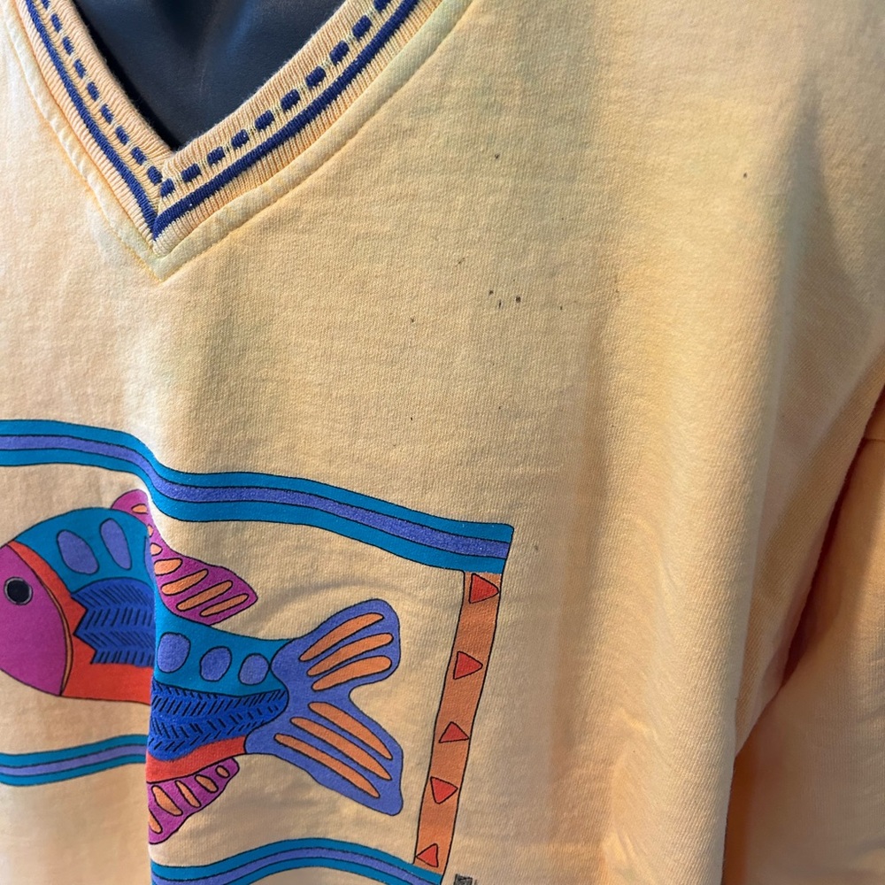 1995 Colorblock Fish Sweatshirt V Neck Nautical Graphic Yellow 90s Vintage XL - Picture 8 of 8